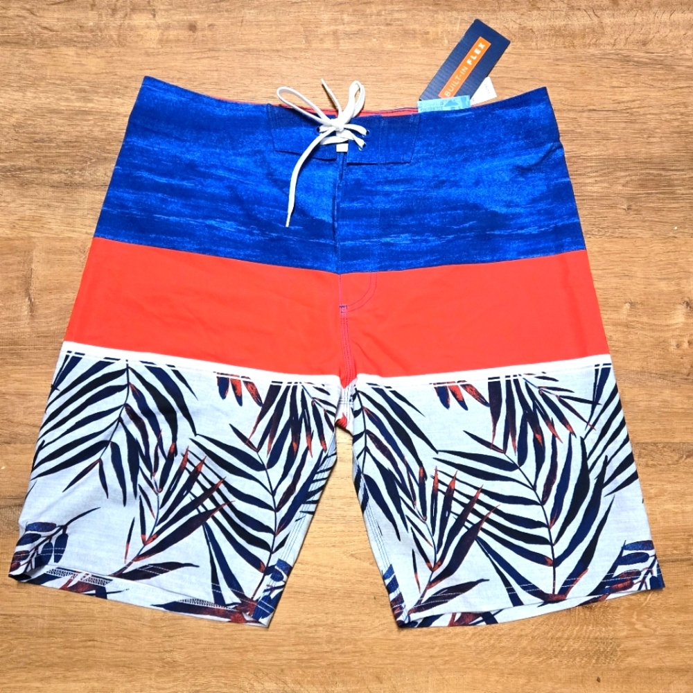 NWT! Old Navy California Blue and Red Leaf Print Swim Shorts